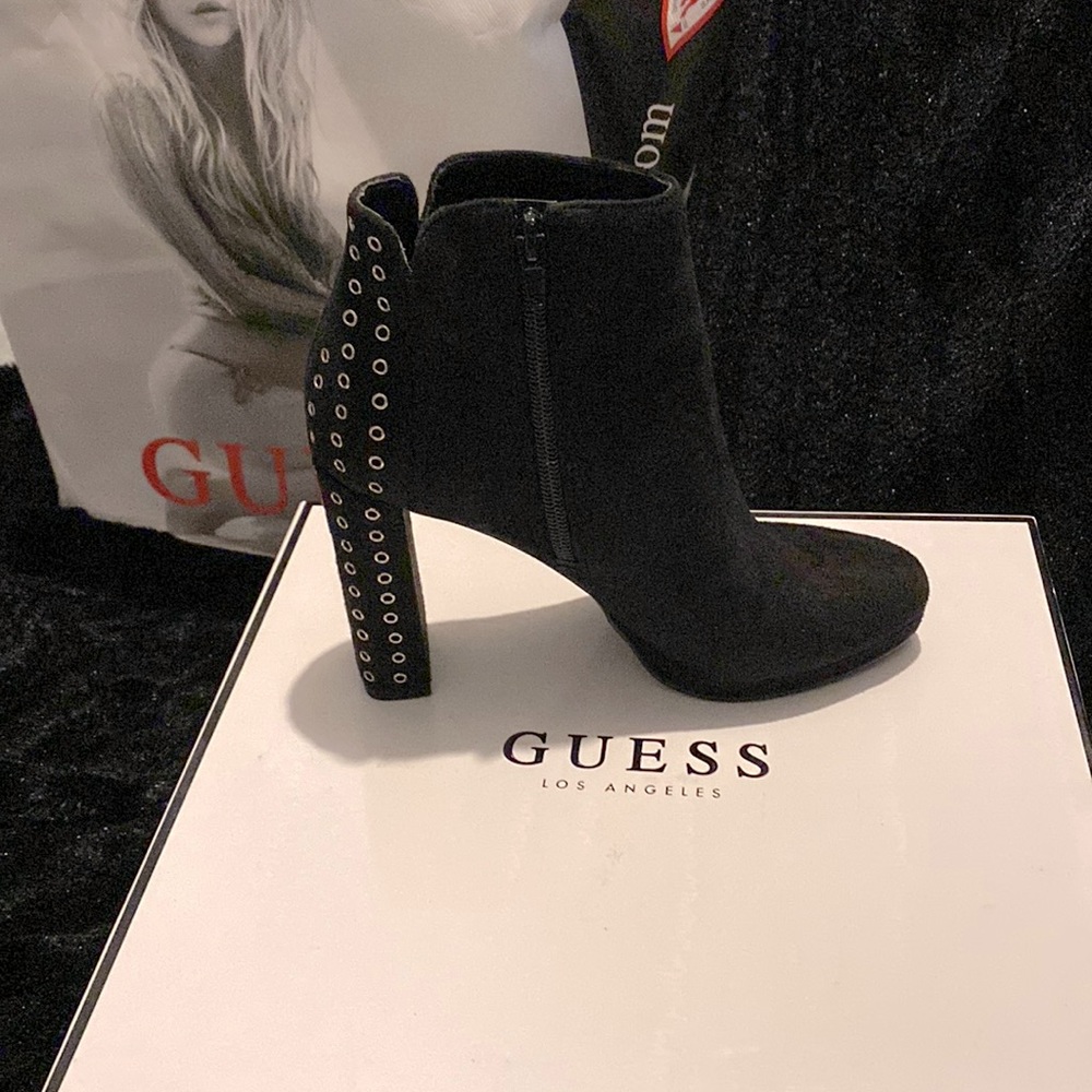Black Guess suede bootie with silver-eyelet detail 5 1/2
